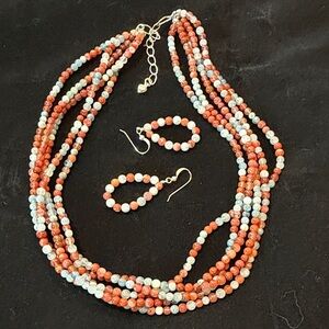 Jay King 5-Strand Carnelian Agate/Moonstone 17” Necklace and Earrings. Sterling
